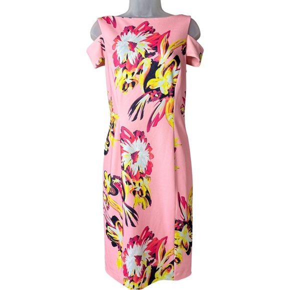Tahari Arthur S. Levine Dress Size 6 Pink Floral Burst Sheath Wedding Guest - Picture 1 of 11